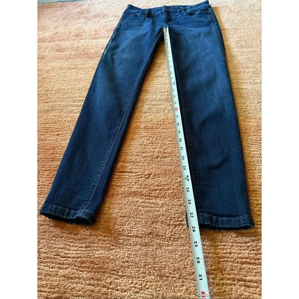 White House Black Market Skinny Leg Dark Wash Jeans Blue Stretch Rhinestone Trim